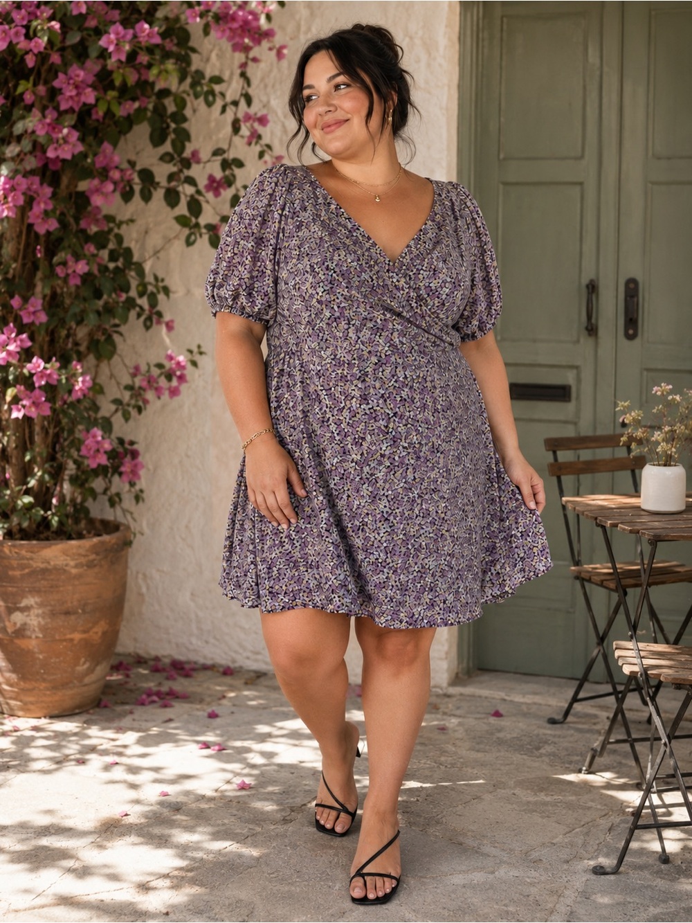 Addition Elle Lavender Floral Puff-Sleeve Midi Dress